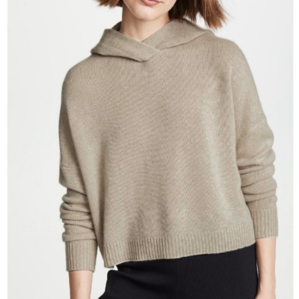 Theory Crop Hoodie Pullover Cashmere Knit Taupe Tan XS